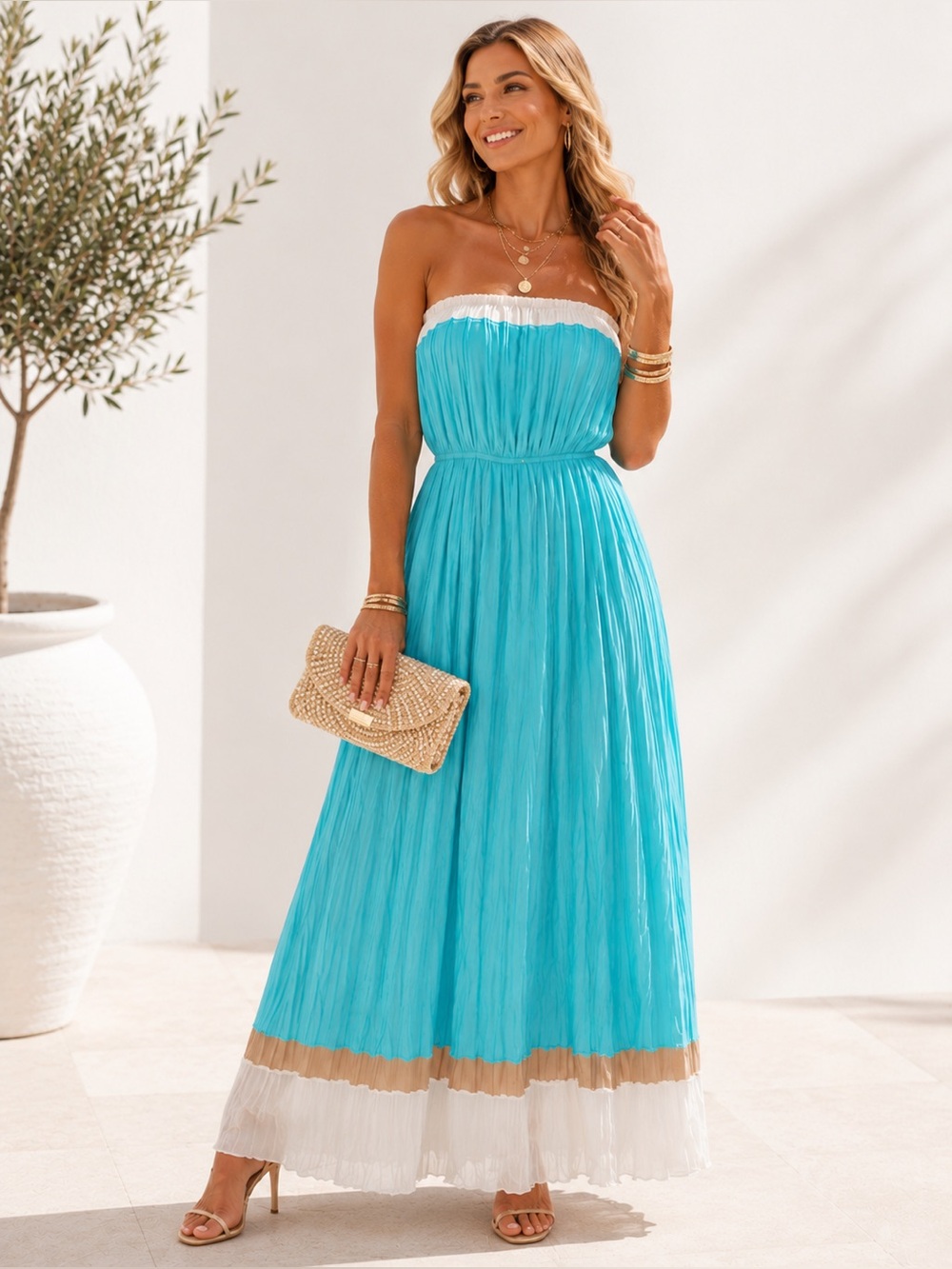 XL Forever 21 Turquoise Pleated Strapless Maxi Dress Resort Boho Vacation - Picture 1 of 4